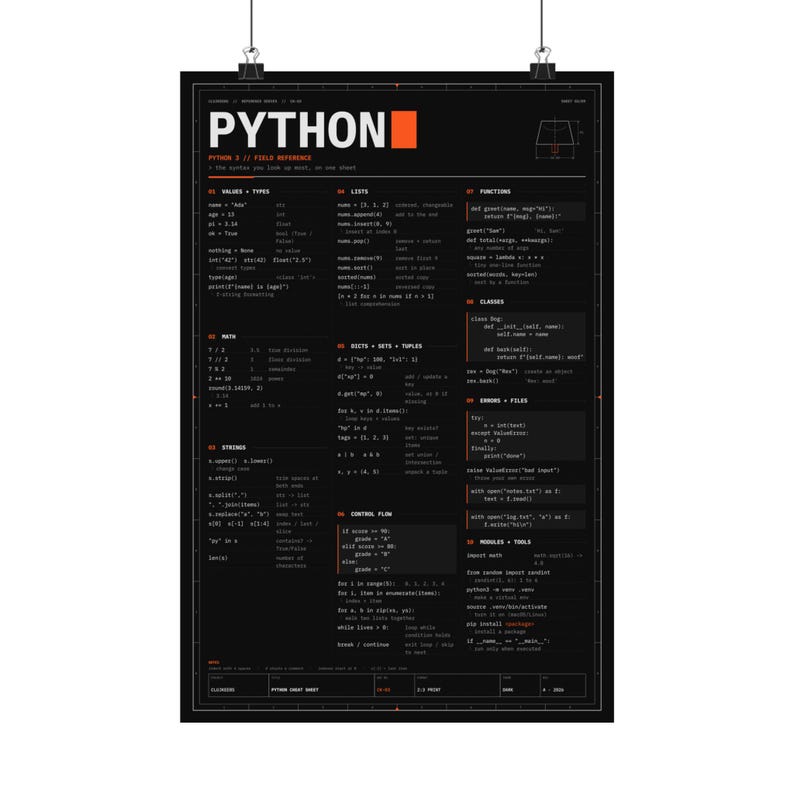 Póster con hoja de trucos de Python, póster físico mate, referencia de sintaxis de Python 3, arte mural para programadores, regalo para programadores, 12x18 16x24 24x36 imagen 1