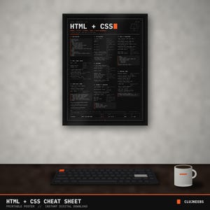 Póster con hoja de trucos de HTML y CSS, referencia de Flexbox y Grid, arte mural para desarrolladores web, póster de codificación imprimible, regalo para programadores, Dark + Light