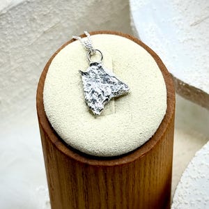 May include: A silver pendant shaped like a jagged, irregular landmass with a highly textured, cratered surface. The pendant hangs from a delicate silver chain, featuring a polished jump ring that connects the metal piece to the necklace links.