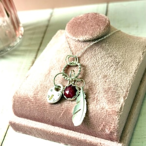 Ruby Feather Padlock Charm Necklace in Recycled 925 Silver - Handmade in the UK
