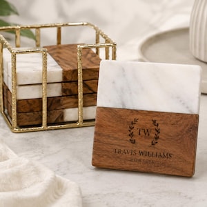 Personalized Wood Marble Coaster Set of 4, Engraved Drink Coasters with Gold Holder, Housewarming Gift