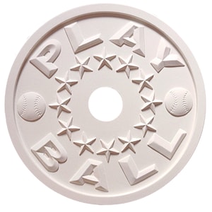 May include: White ceiling medallion with the word "PLAYBALL" embossed around the edge. The center of the medallion has a circle with a baseball inside. There are 12 stars around the circle.