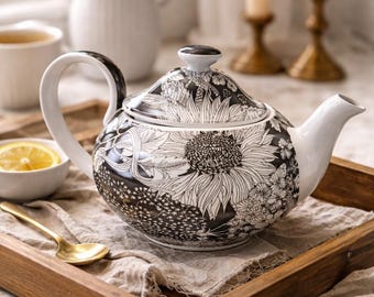 Liberty of London Black & White Floral Teapot – Stoneware Sunflower Botanical Design – Modern Vintage Kitchen Decor