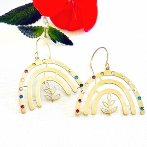 Rainbow Brass Dangles Earrings With Crystals Colorful Jewellery Bohemian Style Summer Jewelry