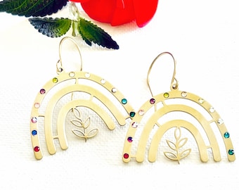 Rainbow Brass Dangles Earrings With Crystals Colorful Jewellery Bohemian Style Summer Jewelry