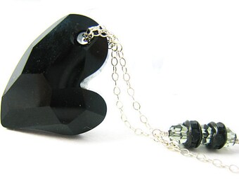 Black Heart Necklace, Anti Valentine Jewelry, Swarovski Crystal Heart Necklace