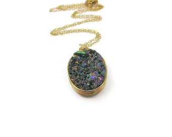 Rainbow Druzy Quartz Necklace Druzy Quartz Pendant  Drusy Geode Necklace Gift Idea For Her BFF