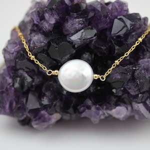 Coin Pearl Necklace Silver or Gold Wedding Bridal Jewelry Floating Pearl Jewellery June Birthstone Minimalist Style Gift Idea For Her BFF