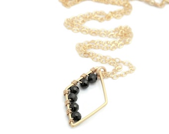Diamond Shaped Minimalist Layering Necklace Gold Black Spinel Gift Idea For Her