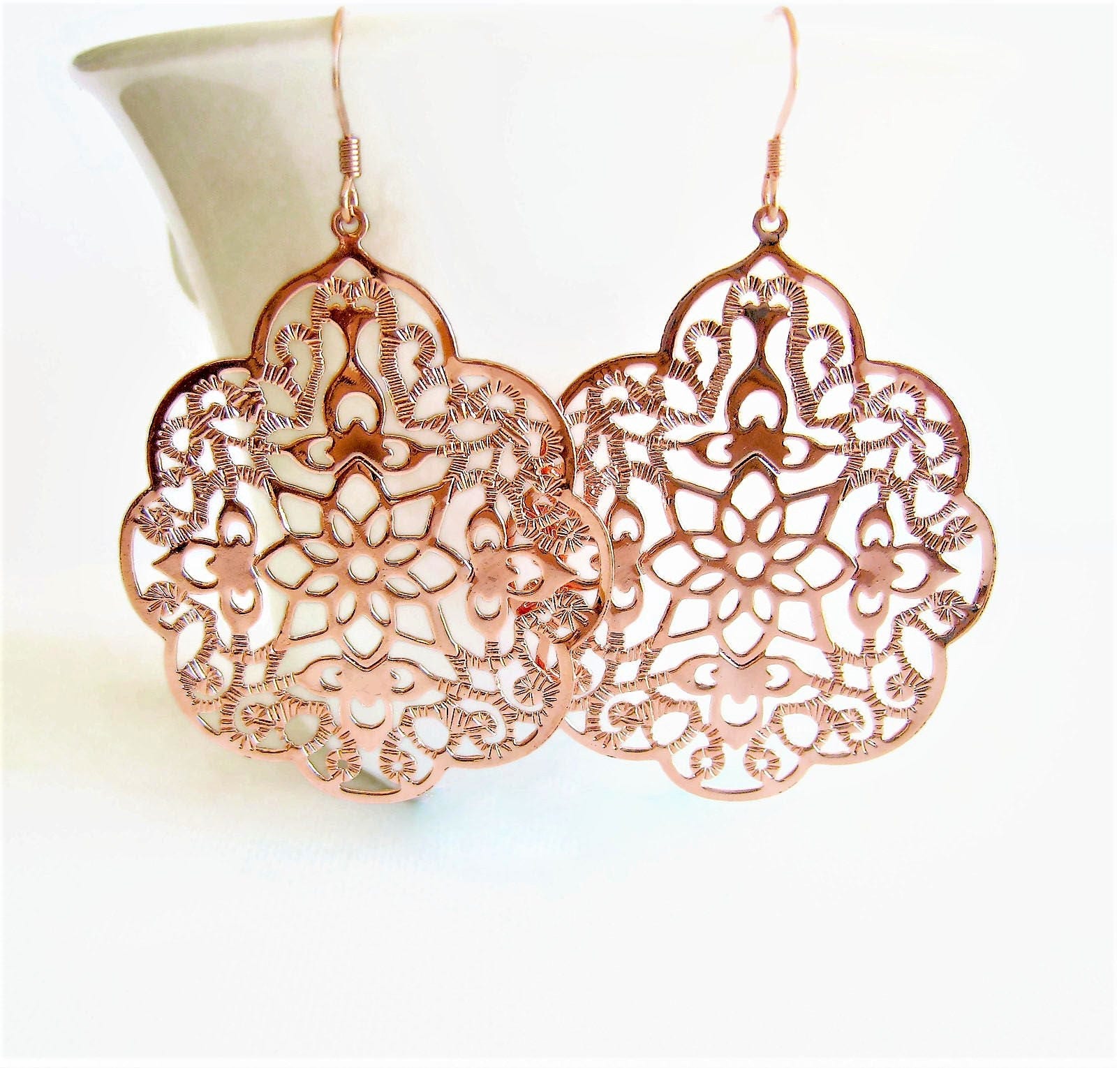 Rose Gold Filigree Earrings Lacy Filigree Statement Earrings Etsy