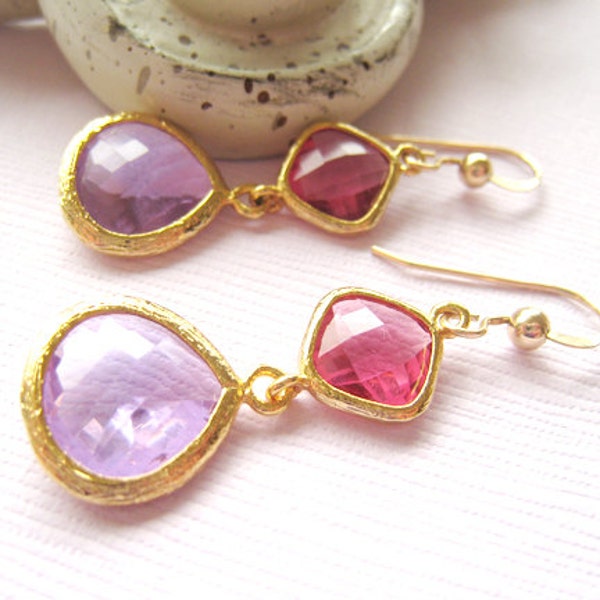 Pink and Purple Drop Dangle Earrings, Colorful Jewelry, Wedding Earrings, Bridesmaids Jewellery