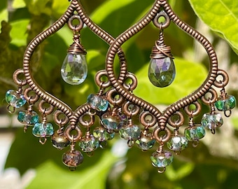 Copper Chandelier Earrings Czech Glass Fringe Bohemian Style Antiqued Earrings Hippie Jewellery Gift Idea for Mother's Day