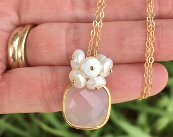 Pink Chalcedony Necklace Baby Pink Pendant Pearls Gold Square Bezel Pendant 14 k Gold Filled Chain Sterling Silver Gift Idea For BFF