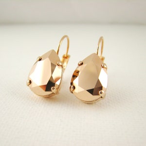 Rose Gold Crystal Earrings, Blush Pink Drops, Swarovski Pear Shaped Earrings, Lever Back Earrings, Wedding Jewelry, Gift Idea, For Her