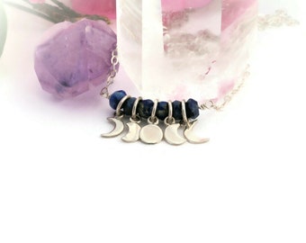 Moon Phases Necklace, Sterling Silver and Lapis Lazuli, Celestial Jewellery, Moon Jewelry