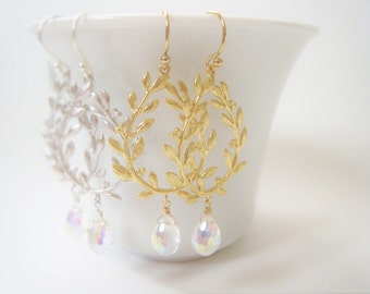 Gold Laurel Leaf Wreath Earrings: Crystal Bridal Jewelry