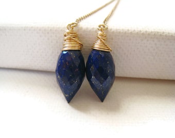 Lapis Lazuli Threaders, Lapis Ear Strings, Minimalist Earrings