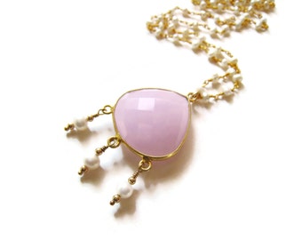 Long Pink Quartz Necklace, Layering Boho Style Necklace