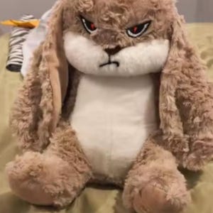 Könnte beinhalten: Ein braunes Plüschkaninchen mit wütendem Gesicht und roten Augen. Das Spielzeug hat lange Ohren und einen weißen Bauch. Es sitzt auf einem Bett.