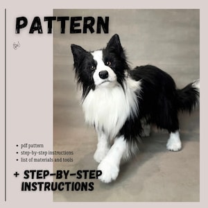 May include: A black and white Border Collie dog pattern with the word "PATTERN" in large, bold letters. The image includes a list of what the pattern includes: pdf pattern, step-by-step instructions, and a list of materials and tools.