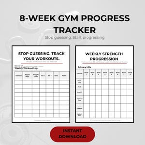 Könnte beinhalten: Ein schwarz-weißer 8-Wochen-Gym-Fortschritts-Tracker mit dem Text "8-WEEK GYM PROGRESS TRACKER". Der Tracker enthält Abschnitte für wöchentliche Trainingsprotokolle und Kraftzuwachs, mit Platz zur Aufzeichnung von Übungen, Wiederholungen und verwendetem Gewicht. "Instant Download" in einem roten Rechteck.