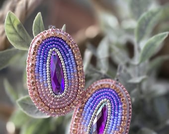Pendientes ovalados indígenas con cuentas - Oro rosa y morado