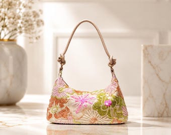 Embroidered Floral Sequin Baguette Bag, Vintage Cottagecore Shoulder Purse