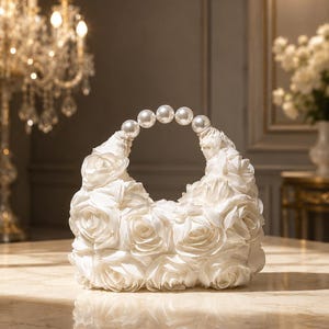 May include: A white handbag covered in layered fabric rose petals, featuring a circular handle composed of five large, smooth, white spherical beads. The bag has a rounded, crescent-like shape and is constructed entirely from white floral elements.