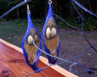 Tan and Purple Painted Peacock Feather Wire-Wrapped Earrings