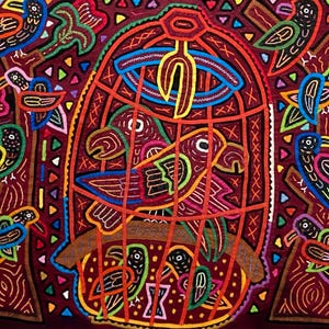 May include: A vibrant textile art piece featuring a central birdcage with two birds inside, surrounded by multiple birds perched on branches. The design uses layered fabric appliqué with intricate stitching in red, yellow, blue, green, and black.