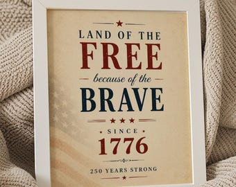 Tierra de los libres gracias a los valientes. Lámina decorativa patriótica de estilo vintage americano. Descarga digital desde 1776.