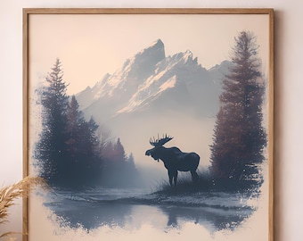 Moose Misty Mountains Blue and Purple Square Art Wildlife Landscape Tranquil Nature Wall Decor Digital Download
