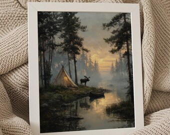 Vintage Camping Wall Art Moose Canoe Print Rustic Lake Tent Decor Oil Painting Printable Cabin Wall Art Digital Download