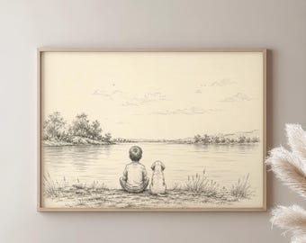 Little Boy and Puppy Wall Art Vintage Lake Sketch Printable Dog Lover Art Neutral Nursery Decor Digital Download