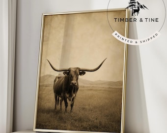 Texas Longhorn Wall Decor Rustic Farmhouse Wall Art UNFRAMED Printed & Shipped Vintage Western Ranch Print Country Home Decor