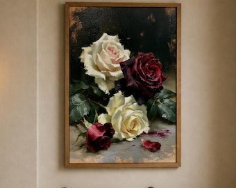 Burgundy and White Rose Painting Vintage Floral Wall Art Romantic Cottage Decor Botanical Oil Painting Print Digital Download