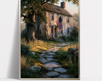 Rustic Patriotic Farmhouse Artwork Colonial House With Flag Vintage Americana Wall Decor 4th of July Digital Download