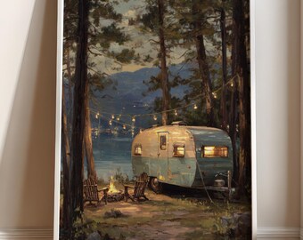 Retro Camper Print Vintage Camping Wall Art Mountain Lake Camper Decor Rustic Cabin Oil Painting Digital Download
