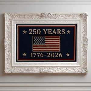 May include: A rectangular wall art piece in an ornate white frame featuring a dark blue background with a central American flag graphic. The text 250 YEARS is printed above the flag, and 1776-2026 is printed below, flanked by four gold stars.