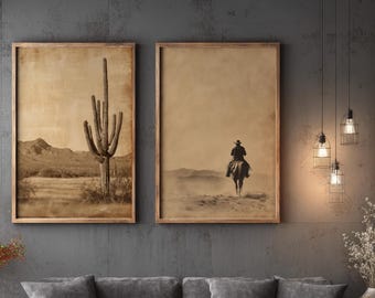 Western Wall Art Set of 2 Cowboy Desert Cactus Print Rustic Ranch Decor Vintage Sepia Neutral Farmhouse Digital Download