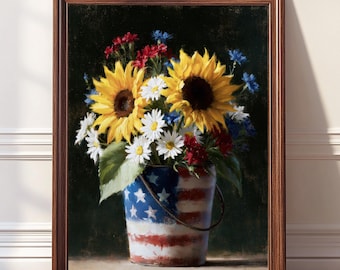 Patriotic Sunflower Painting Americana Floral Wall Art Vintage Flag Bucket Oil Paint Print Rustic Farmhouse Decor Digital Download
