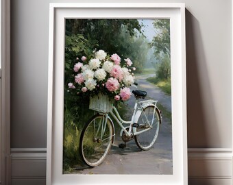 Vintage White Fahrrad mit Pfingstrosen Wand Kunst Cottage Core Blumendruck Romantische Gartenlandschaft Digitaler Download