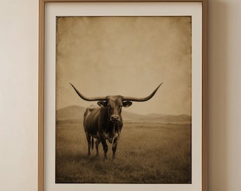 Texas Longhorn Vintage Western Ranch Decor Neutral Farmhouse Artwork Rustic Sepia Longhorn Cow Desert Landscape Digital Download