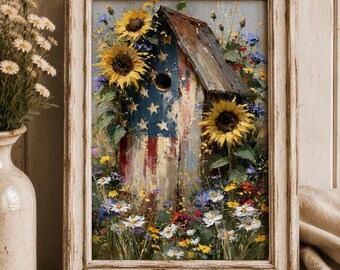 Americana Vogelhaus druckbare Wandkunst rustikale Wildblumengarten Vintage-Ölgemälde amerikanische Flagge digitaler Download