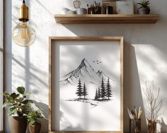 Minimalist Mountain Wall Art Printable Black White Nature Print Neutral Modern Farmhouse Decor Instant Download Sketch Art
