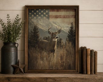 Patriotic Whitetail Deer Wall Art American Flag Wildlife Print Rustic Hunting Lodge Decor Mountain Landscape Buck Americana Digital Download