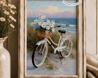 Coastal Bicycle Wall Art Printed Canvas Style UNFRAMED Printed & Shipped Beach Cottage Decor White Bicycle with Daisies and Hydrangeas