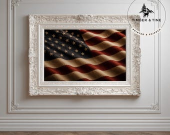 Vintage American Flag Wall Art Rustic Patriotic Decor USA Flag Waving UNFRAMED Printed & Shipped Independence Day Wall Art