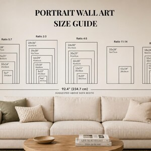 May include: A wall art size guide with various rectangular frame sizes, including 20x28 inches, 15x21 inches, and 10x14 inches. The text "PORTRAIT WALL ART SIZE GUIDE" is at the top. A sofa and coffee table are in the foreground.