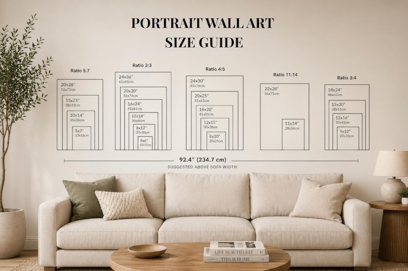 May include: A wall art size guide with various rectangular frame sizes, including 20x28 inches, 15x21 inches, and 10x14 inches. The text "PORTRAIT WALL ART SIZE GUIDE" is at the top. A sofa and coffee table are in the foreground.